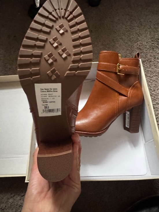 ON 34th Shoes - Women’s Tan/Brown Leather Block Heel Ankle Boots with Buckle